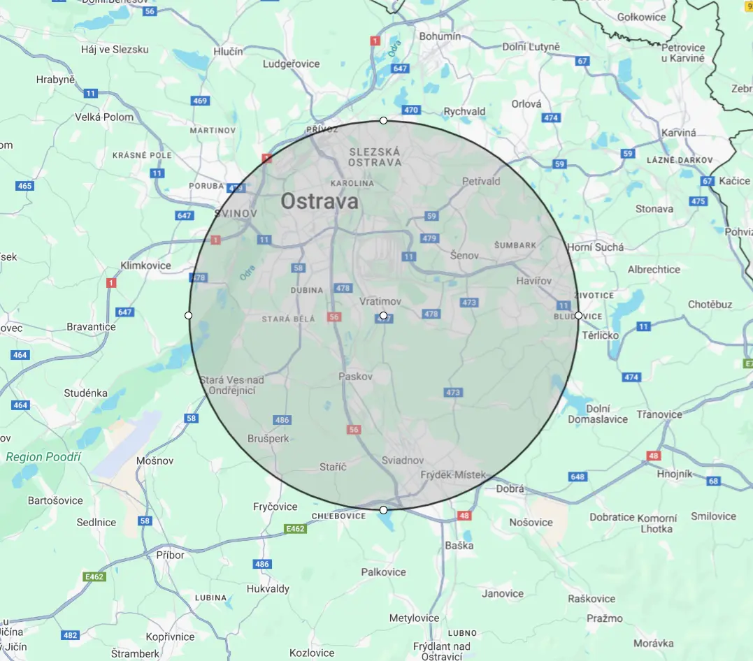 Mapa oblasti pokrytí odtahu a asistenční služby – Zóna 1 kolem Vratimova